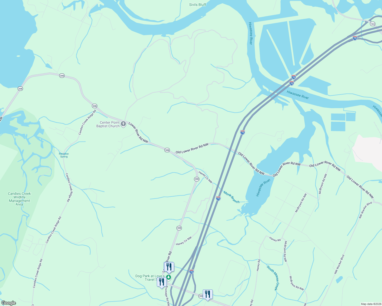 map of restaurants, bars, coffee shops, grocery stores, and more near 2131 Old Lower River Road Northwest in Charleston