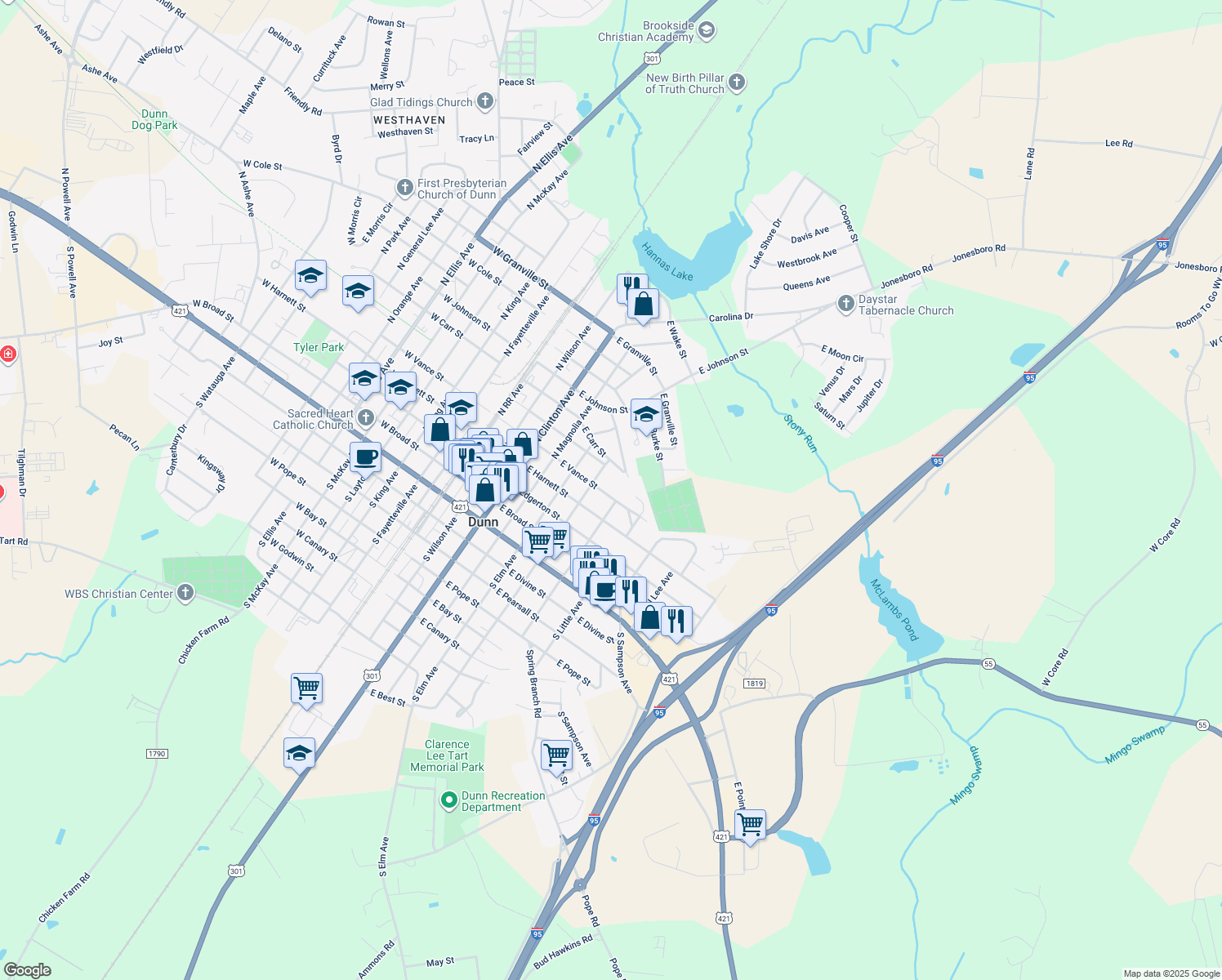 map of restaurants, bars, coffee shops, grocery stores, and more near 611 E Vance St in Dunn