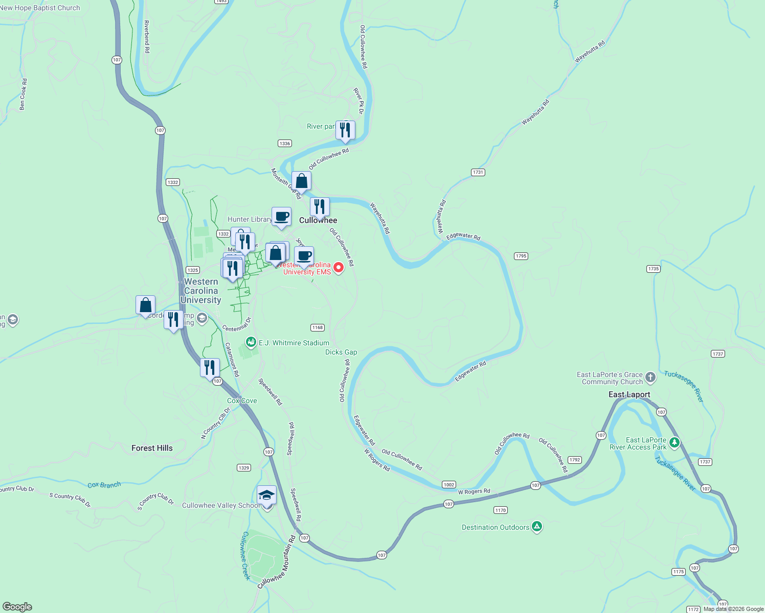 map of restaurants, bars, coffee shops, grocery stores, and more near 127 Jim Gudger Hill Rd in Cullowhee
