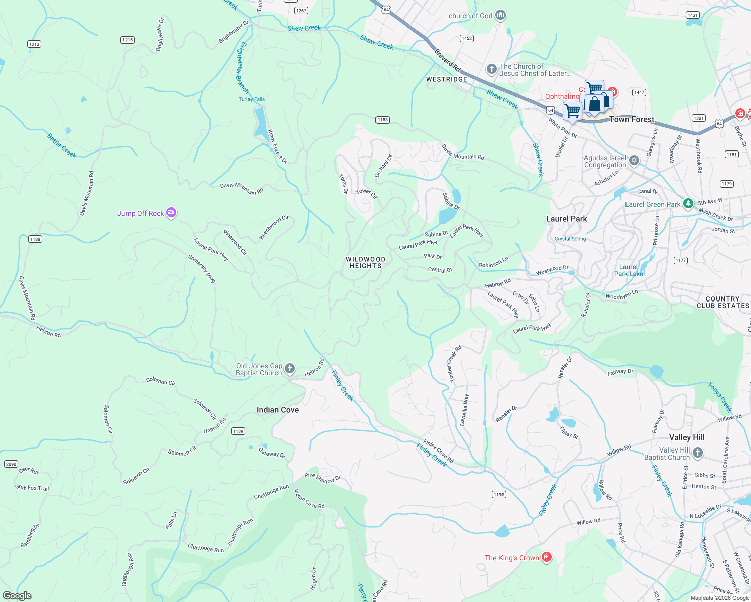 map of restaurants, bars, coffee shops, grocery stores, and more near 105 Spring Path in Laurel Park