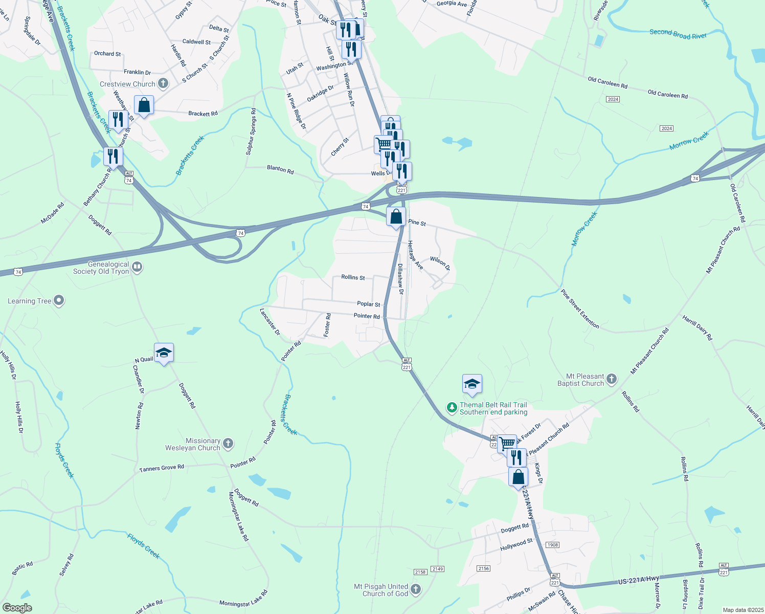 map of restaurants, bars, coffee shops, grocery stores, and more near 1052 South Broadway Street in Forest City
