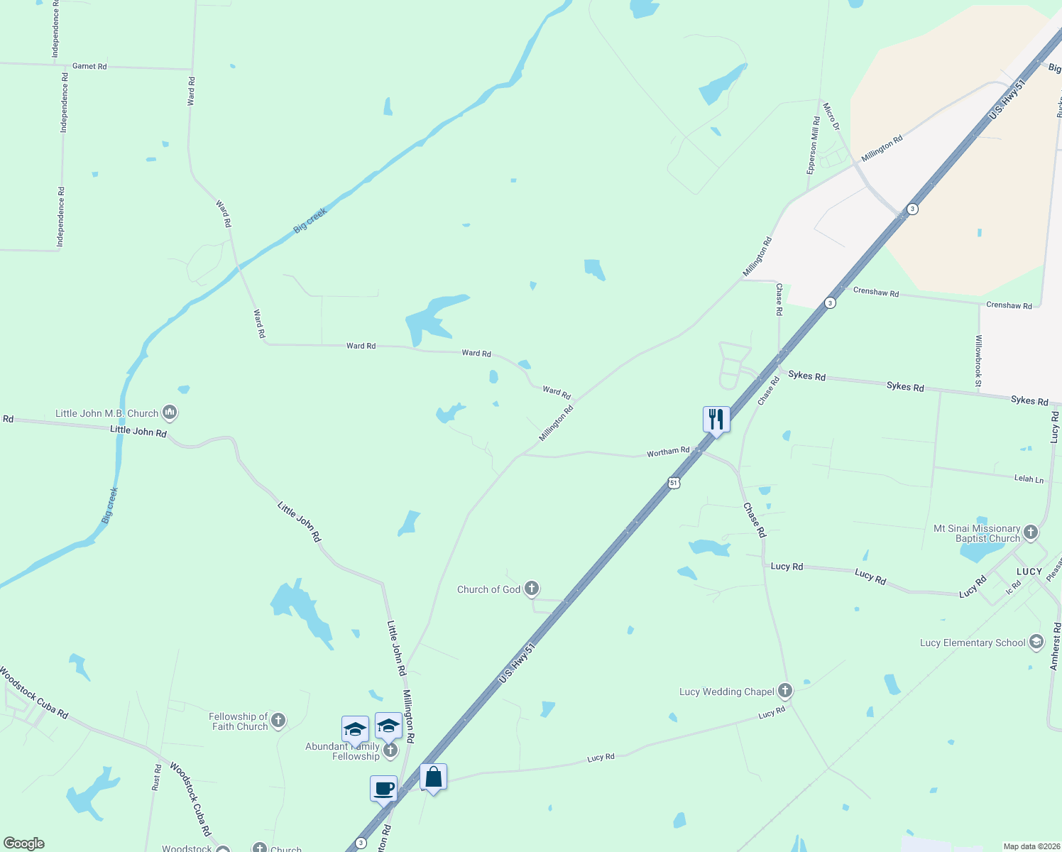 map of restaurants, bars, coffee shops, grocery stores, and more near 6647 Old Millington Road in Millington