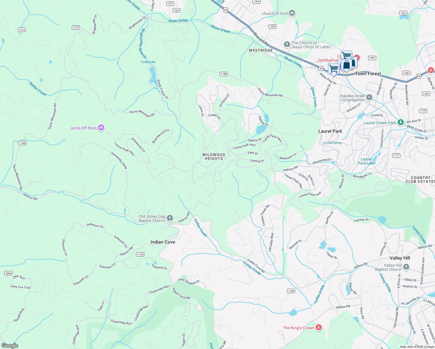map of restaurants, bars, coffee shops, grocery stores, and more near 105 Spring Path in Laurel Park