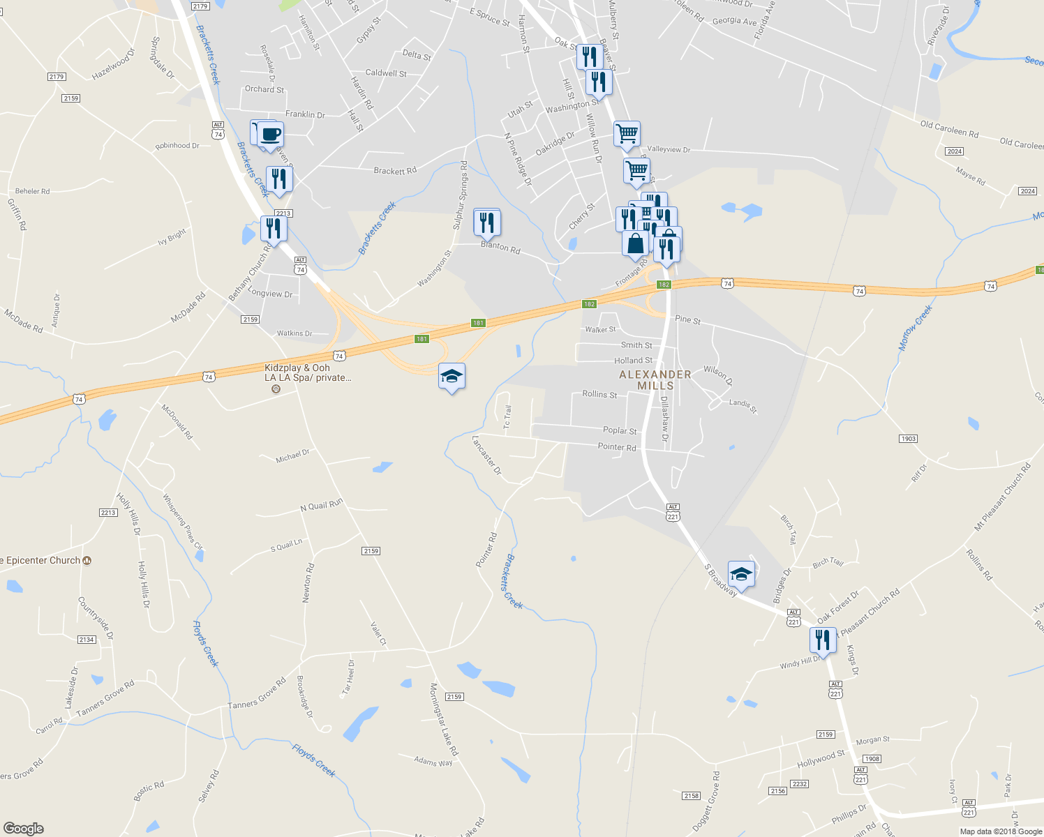 map of restaurants, bars, coffee shops, grocery stores, and more near 111 Country Meadows Lane in Forest City