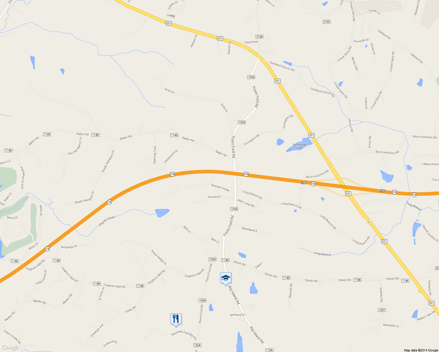 map of restaurants, bars, coffee shops, grocery stores, and more near 1460 Poors Ford Road in Rutherfordton