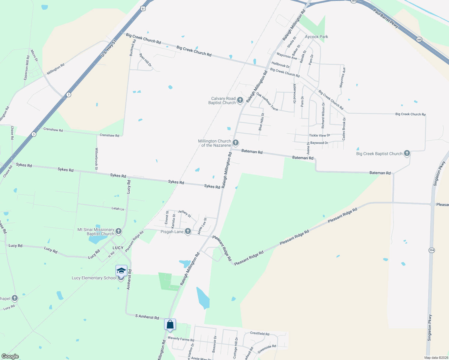 map of restaurants, bars, coffee shops, grocery stores, and more near 6678 Raleigh Millington Road in Millington