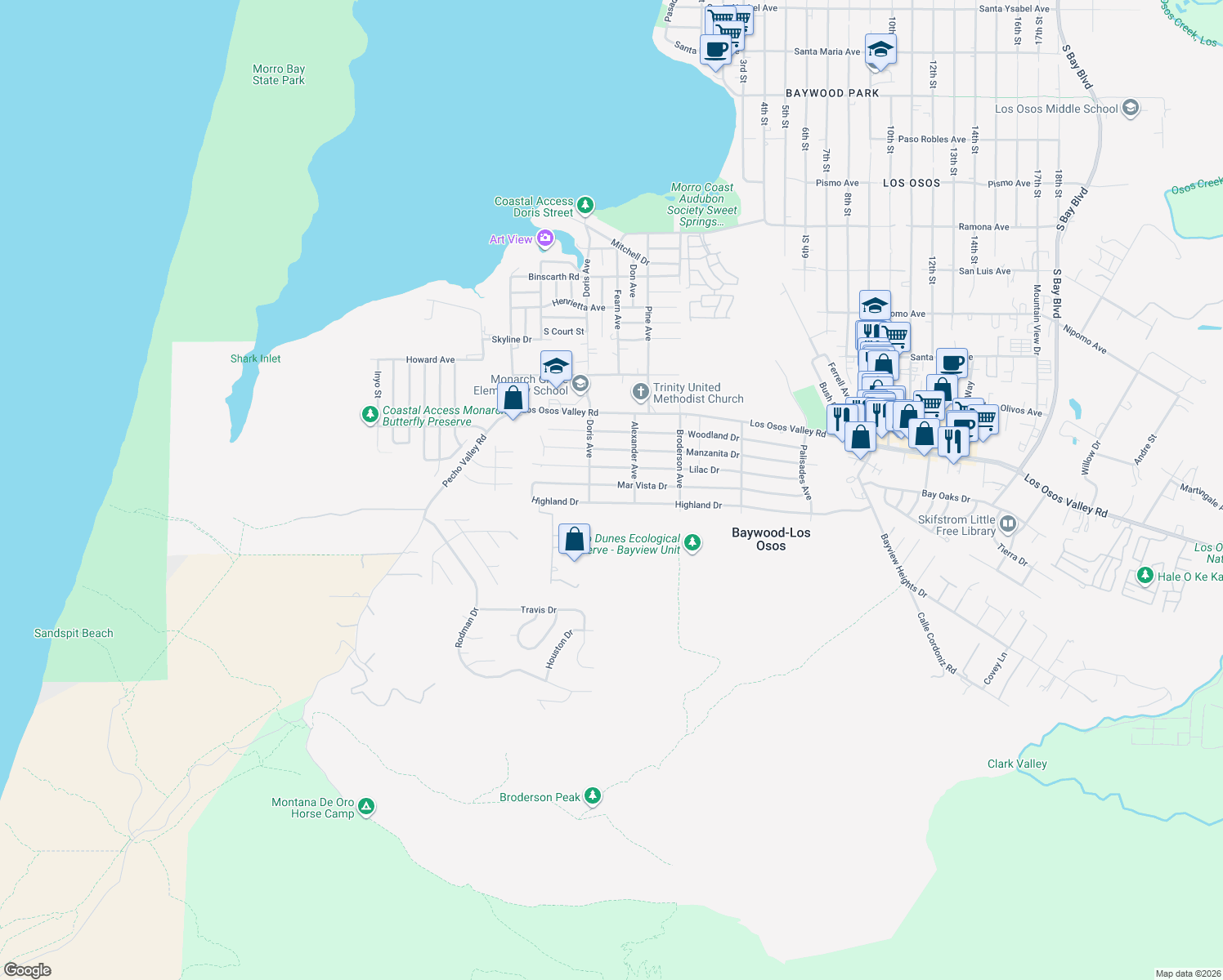 map of restaurants, bars, coffee shops, grocery stores, and more near 449 Mar Vista Drive in Baywood-Los Osos