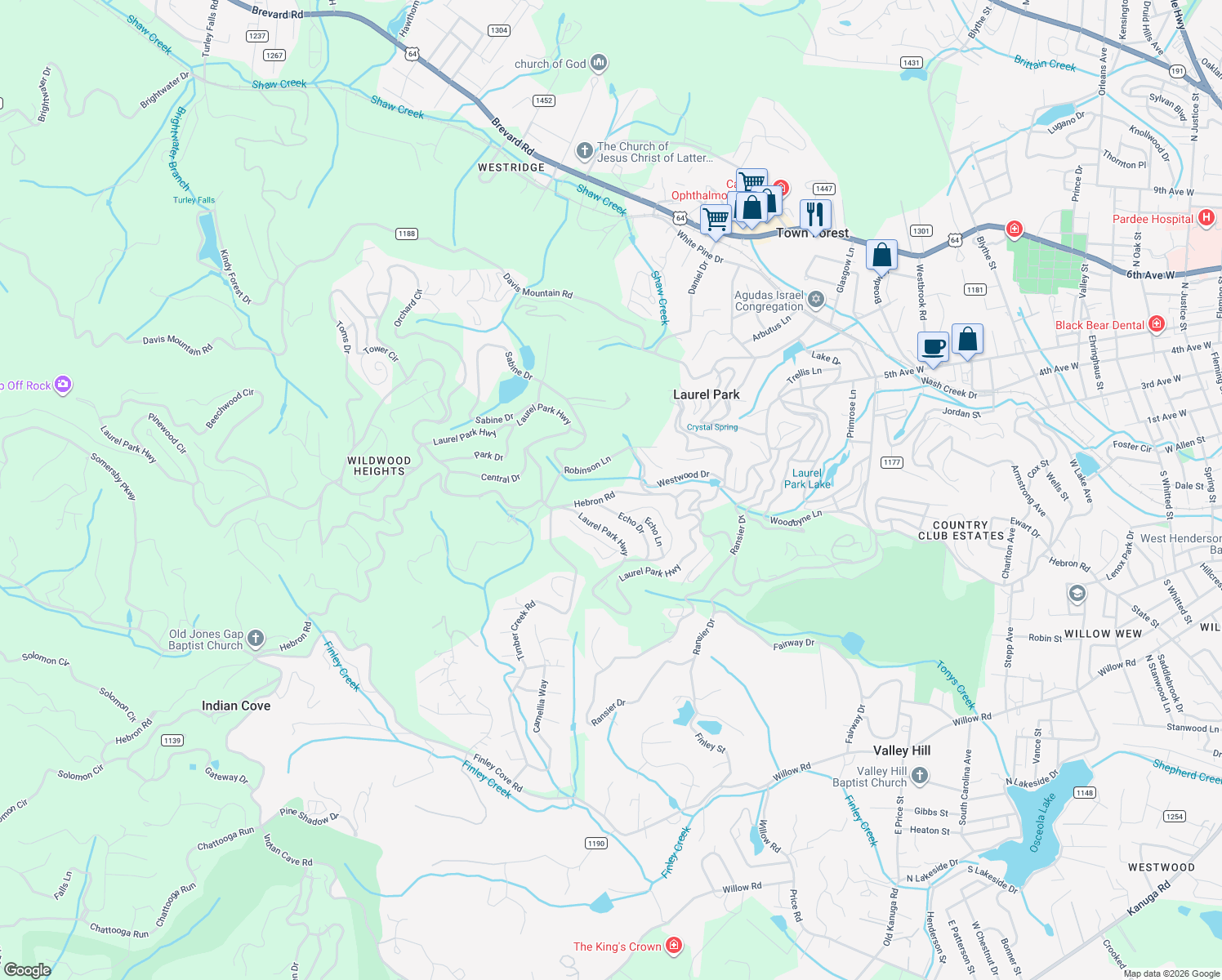map of restaurants, bars, coffee shops, grocery stores, and more near 2383 Hebron Road in Laurel Park