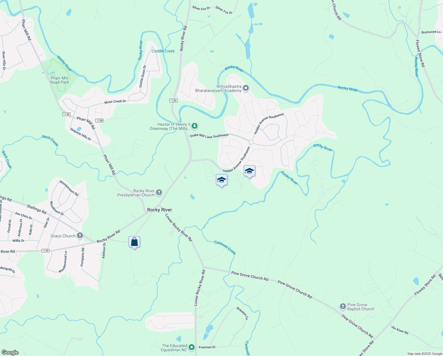 map of restaurants, bars, coffee shops, grocery stores, and more near Griffins Gate Road Southwest in Concord