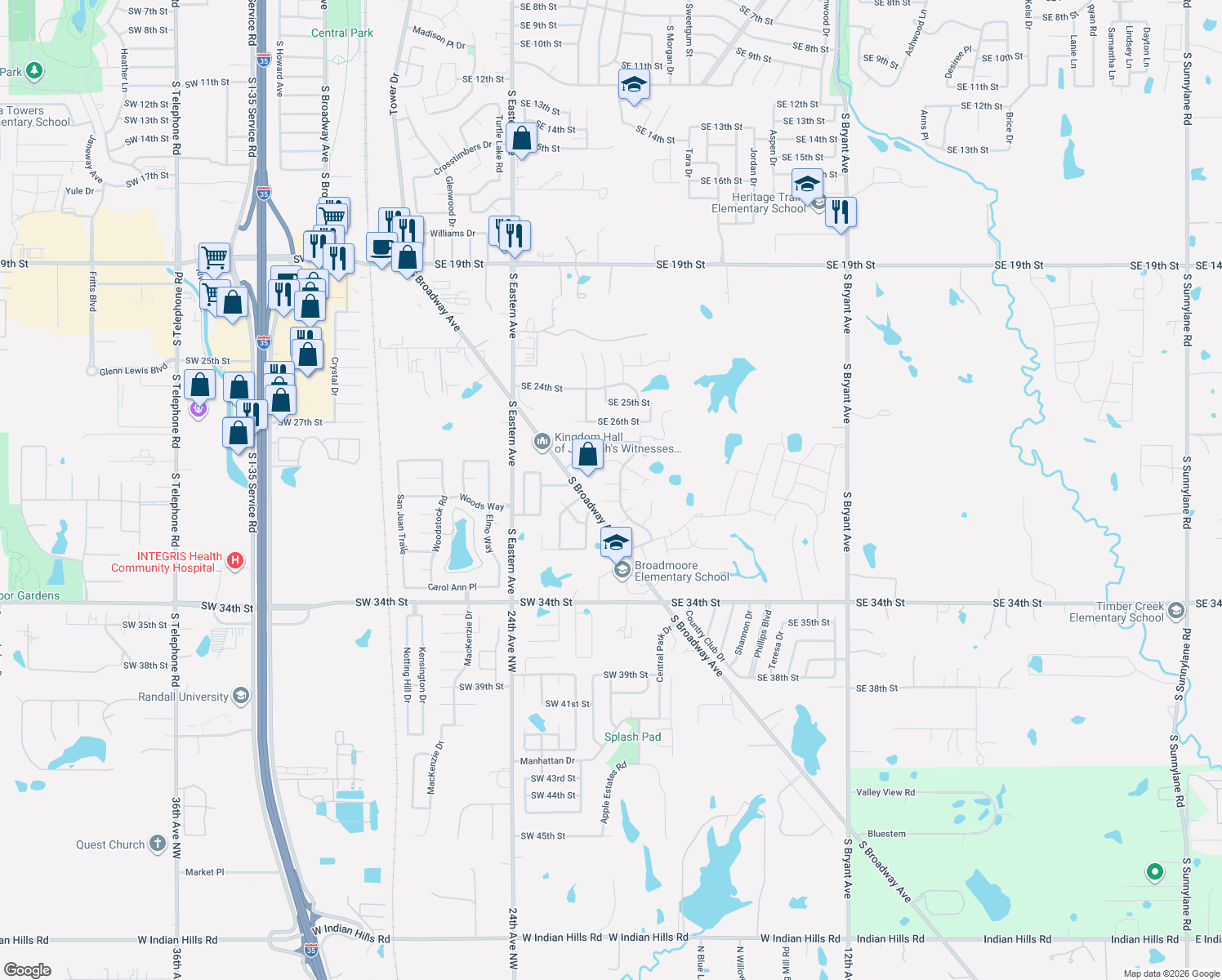 map of restaurants, bars, coffee shops, grocery stores, and more near 204 Southeast 29th Street in Moore