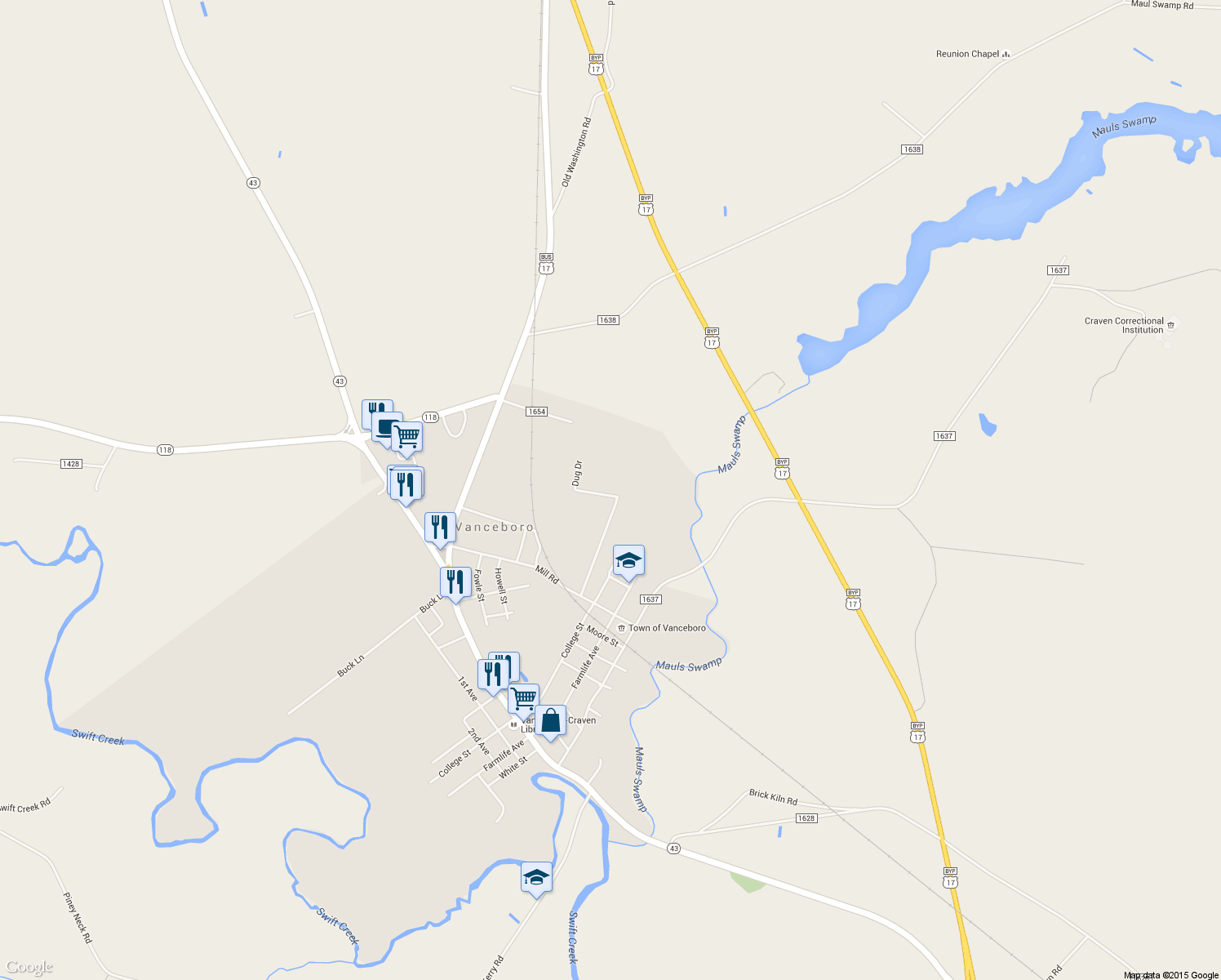 map of restaurants, bars, coffee shops, grocery stores, and more near 635 McLawhorn Lane in Vanceboro