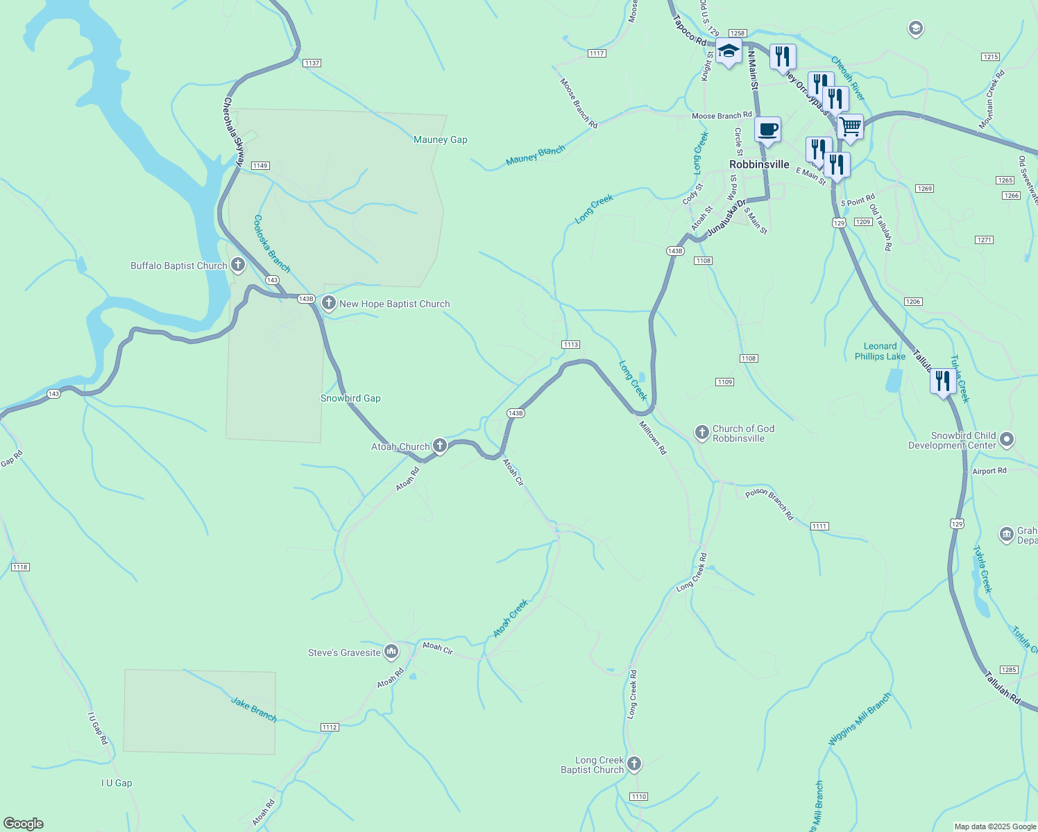 map of restaurants, bars, coffee shops, grocery stores, and more near 1278 Snowbird Road in Robbinsville
