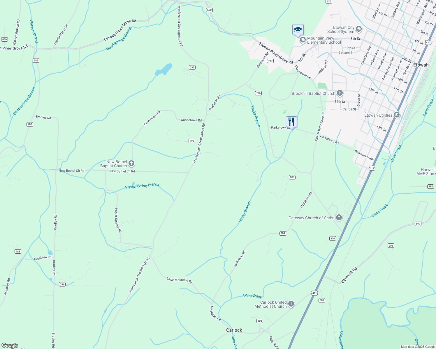map of restaurants, bars, coffee shops, grocery stores, and more near 1415 County Road 609 in Etowah