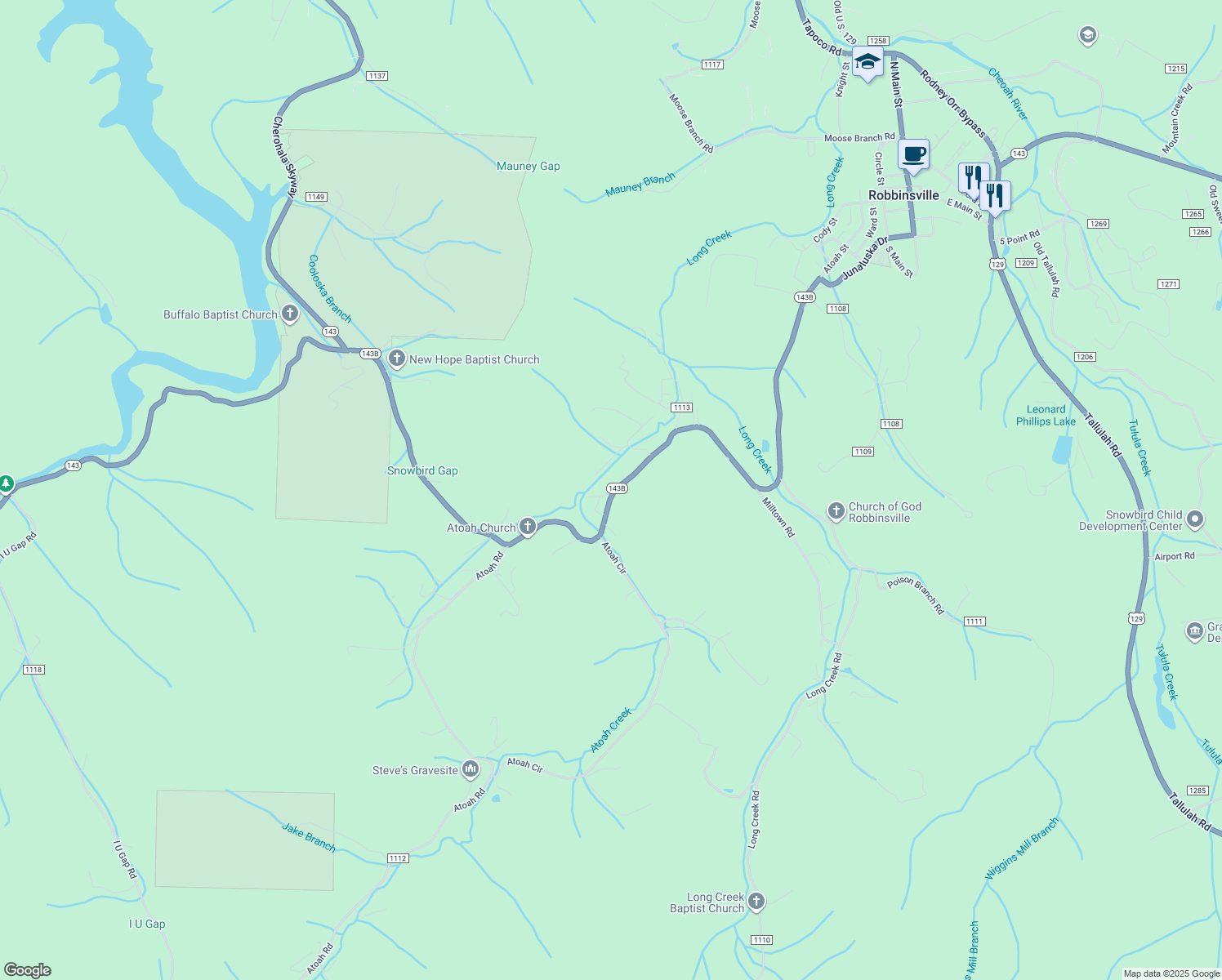 map of restaurants, bars, coffee shops, grocery stores, and more near 1278 Snowbird Road in Robbinsville
