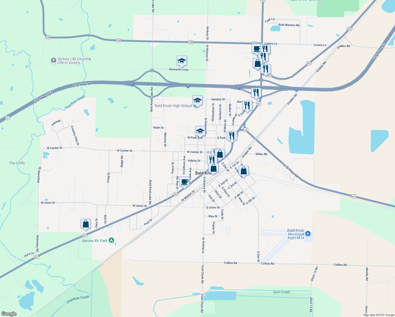 map of restaurants, bars, coffee shops, grocery stores, and more near 108 Adkins Street in Bald Knob
