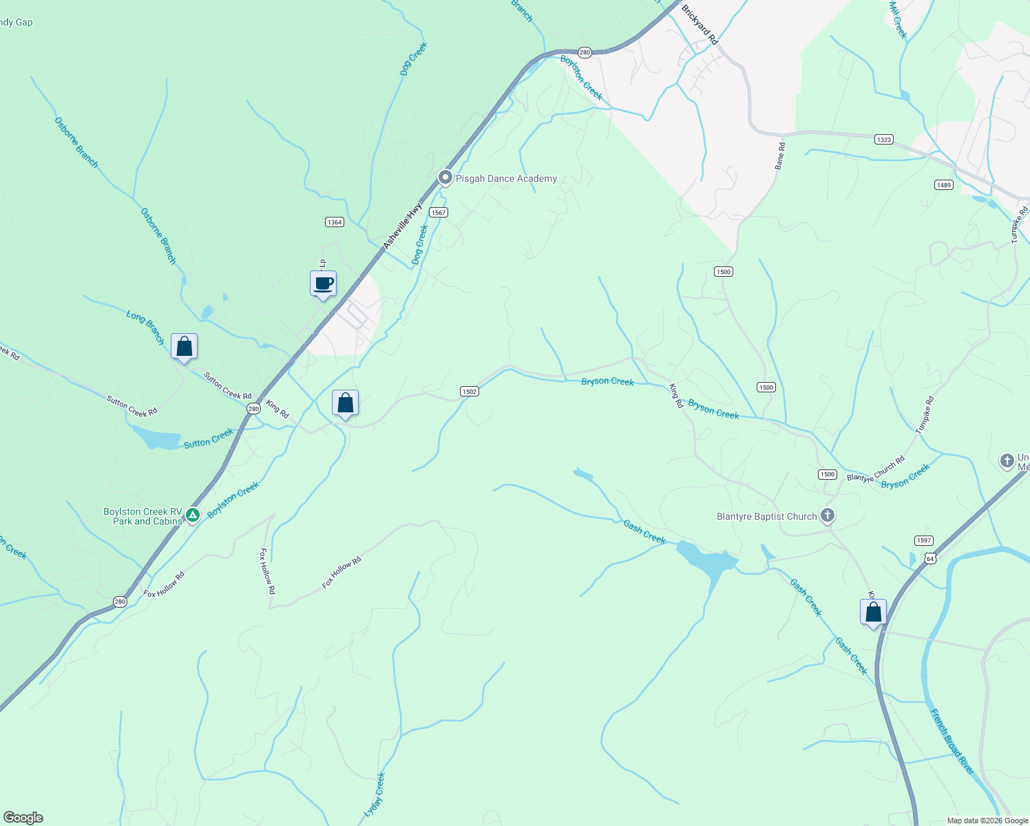 map of restaurants, bars, coffee shops, grocery stores, and more near 1370 King Road in Pisgah Forest