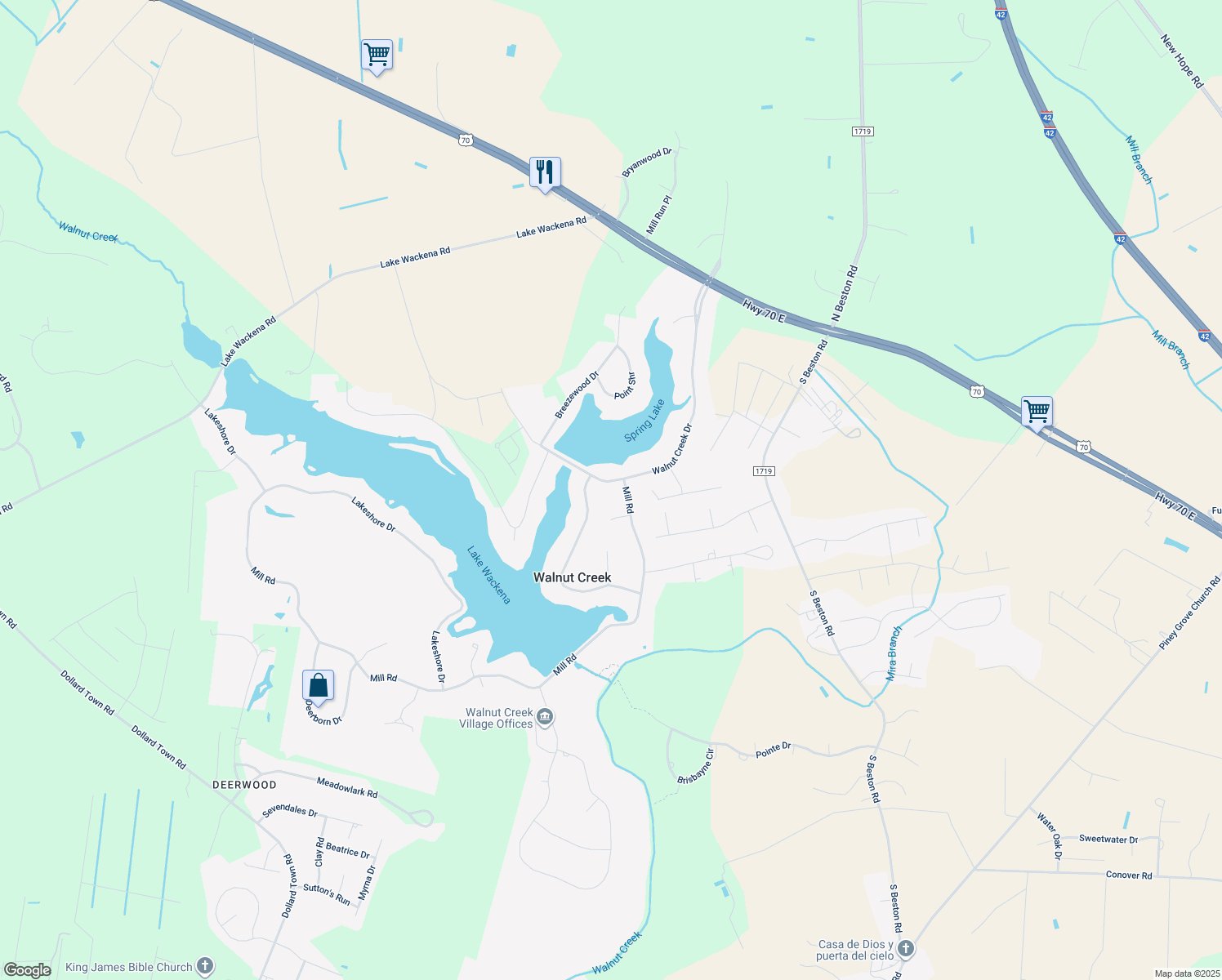 map of restaurants, bars, coffee shops, grocery stores, and more near 312 Walnut Creek Drive in Goldsboro