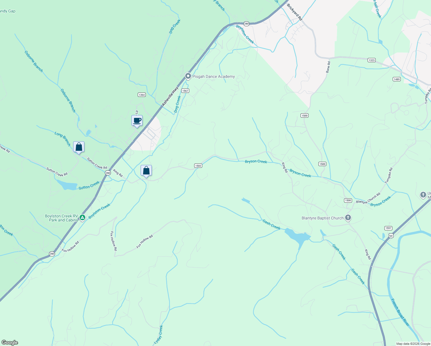 map of restaurants, bars, coffee shops, grocery stores, and more near 1370 King Road in Pisgah Forest
