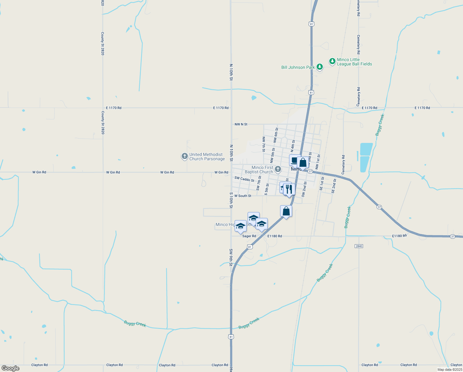 map of restaurants, bars, coffee shops, grocery stores, and more near 1004 Choctaw Street in Minco