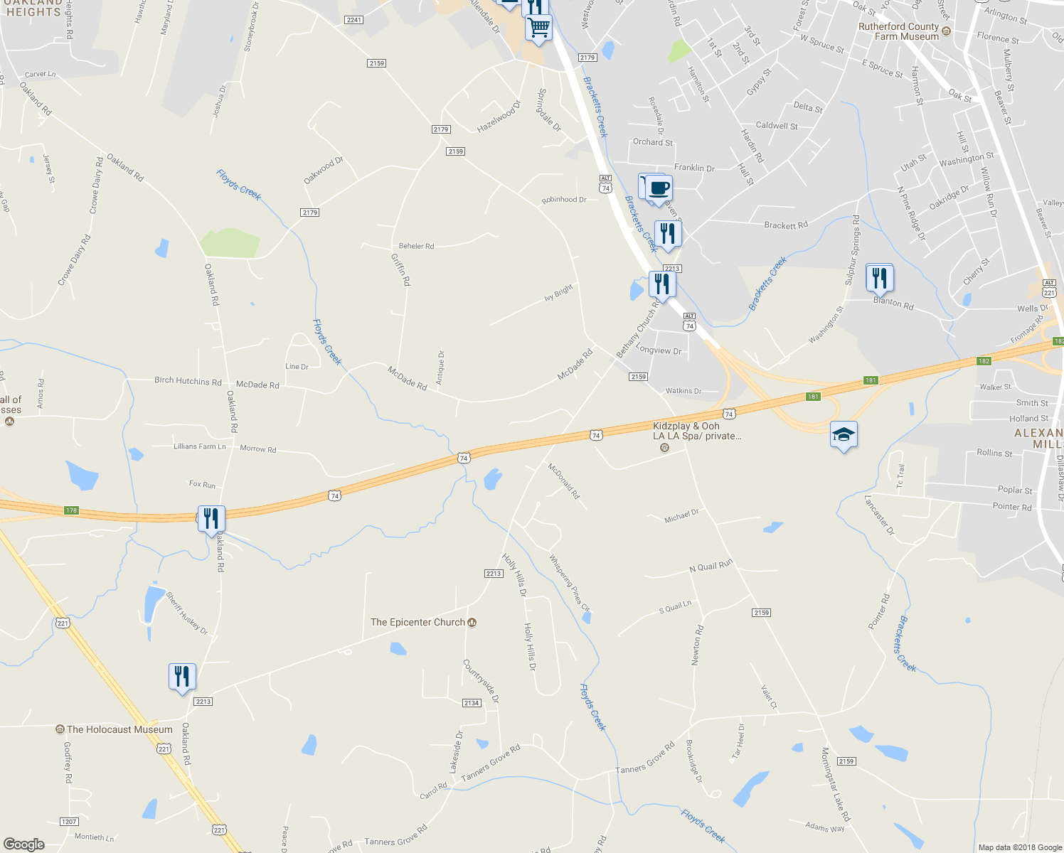 map of restaurants, bars, coffee shops, grocery stores, and more near 205 Grayson Bostic Road in Forest City