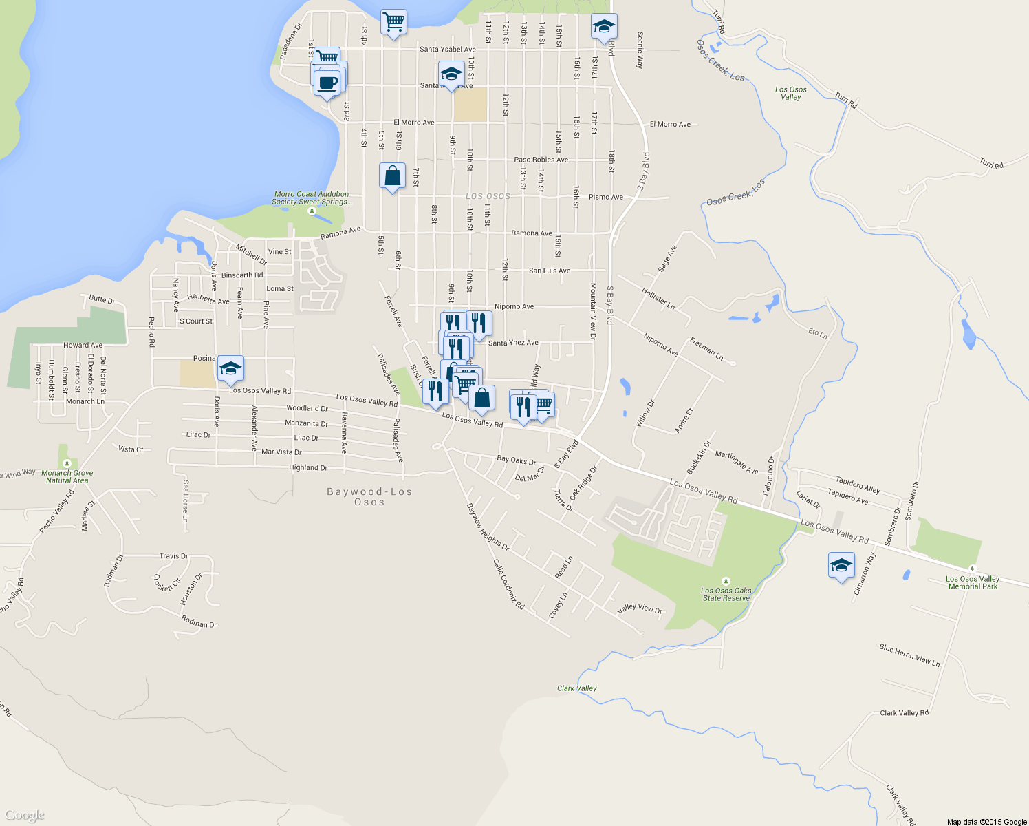 map of restaurants, bars, coffee shops, grocery stores, and more near 1150 Los Osos Valley Road in Baywood-Los Osos