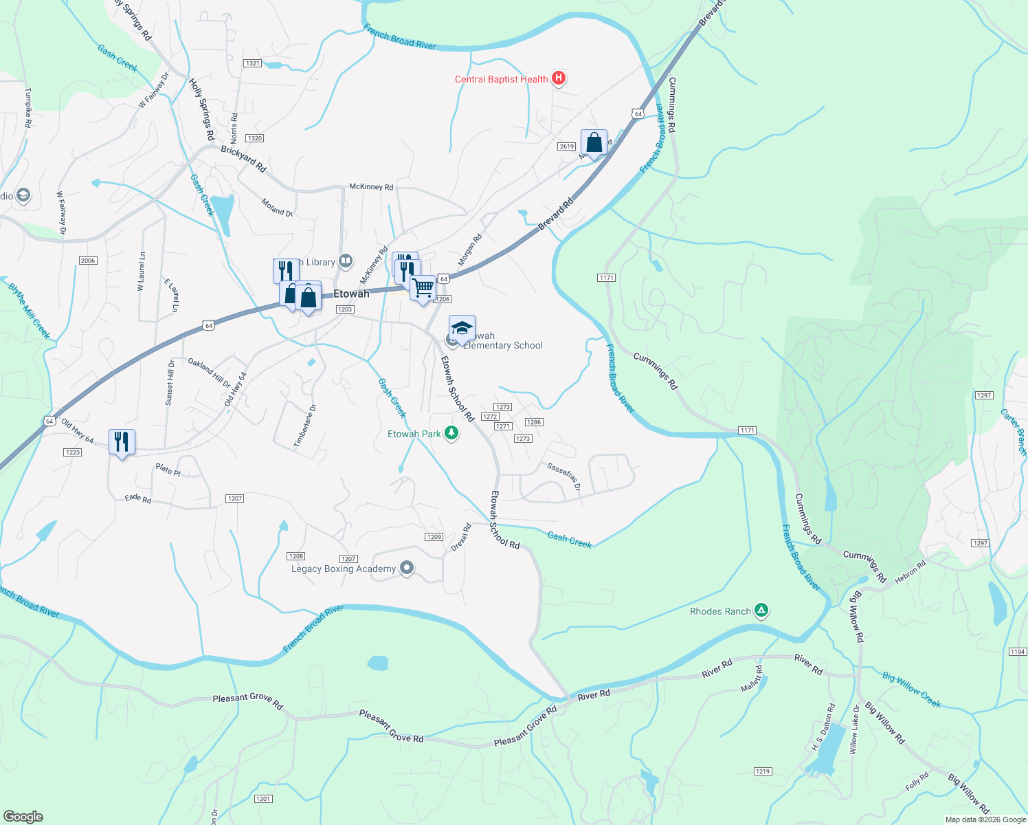 map of restaurants, bars, coffee shops, grocery stores, and more near 21 West Silverleaf Drive in Hendersonville