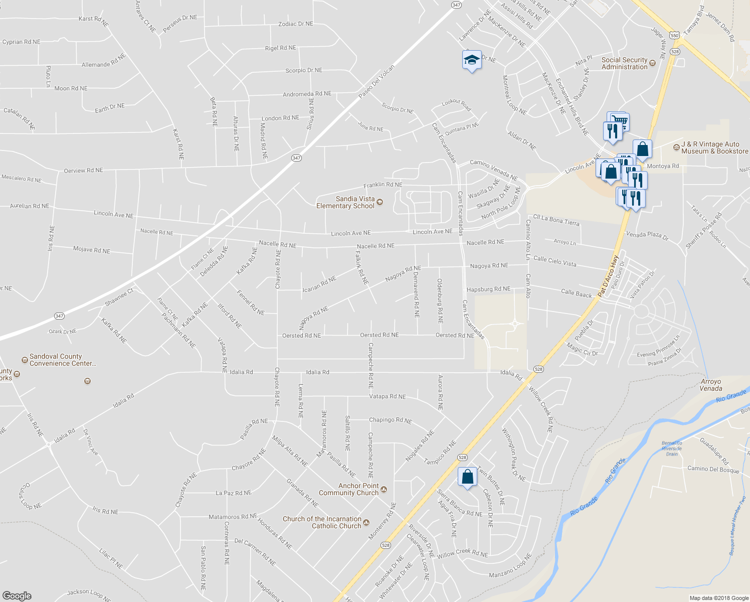 map of restaurants, bars, coffee shops, grocery stores, and more near 3209 Falkirk Court Northeast in Rio Rancho