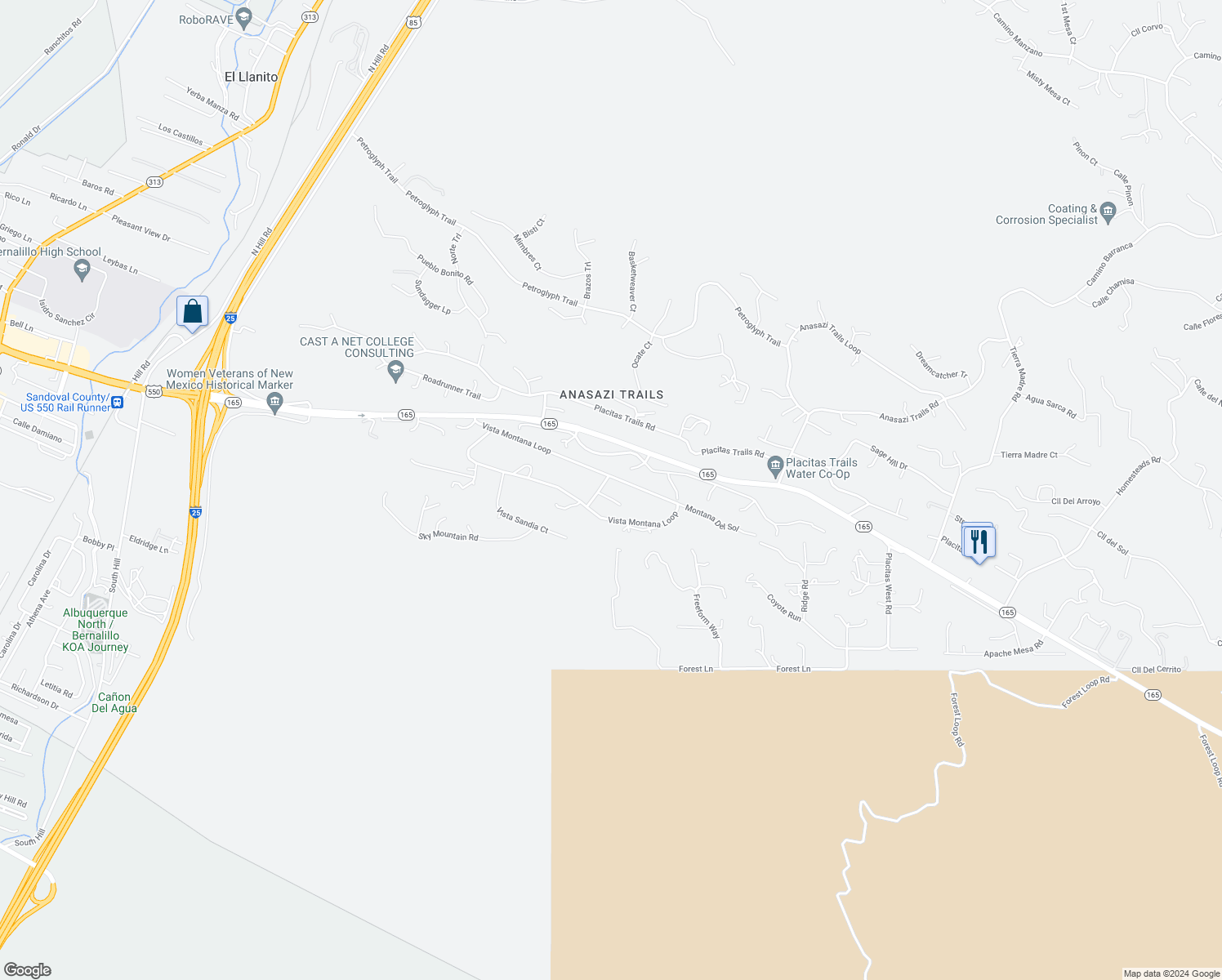 map of restaurants, bars, coffee shops, grocery stores, and more near 44 Vista Montana Loop in Placitas