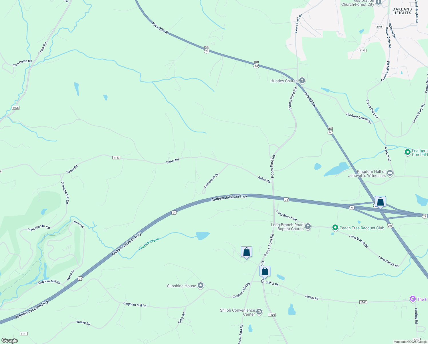 map of restaurants, bars, coffee shops, grocery stores, and more near 178 Canterbury Drive in Rutherfordton