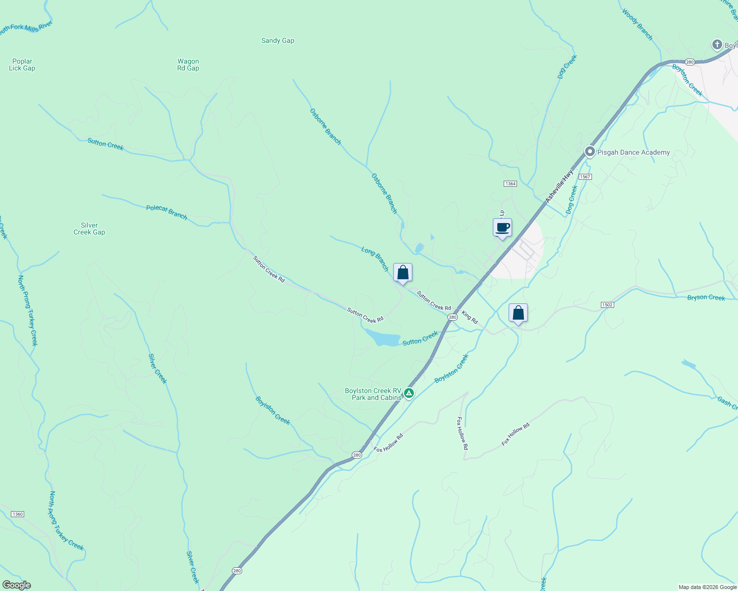 map of restaurants, bars, coffee shops, grocery stores, and more near 134 Sunrise Ln in Pisgah Forest