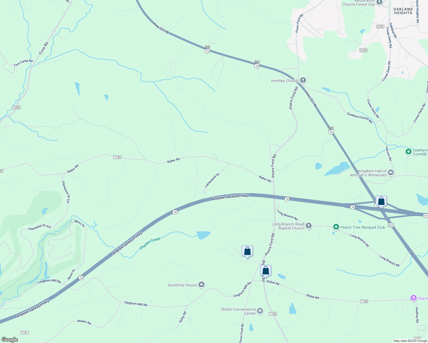 map of restaurants, bars, coffee shops, grocery stores, and more near 178 Canterbury Drive in Rutherfordton