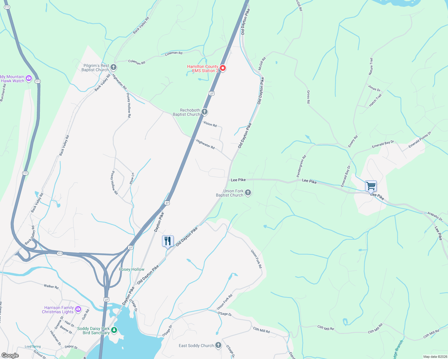 map of restaurants, bars, coffee shops, grocery stores, and more near 12503 Old Dayton Pike in Soddy-Daisy