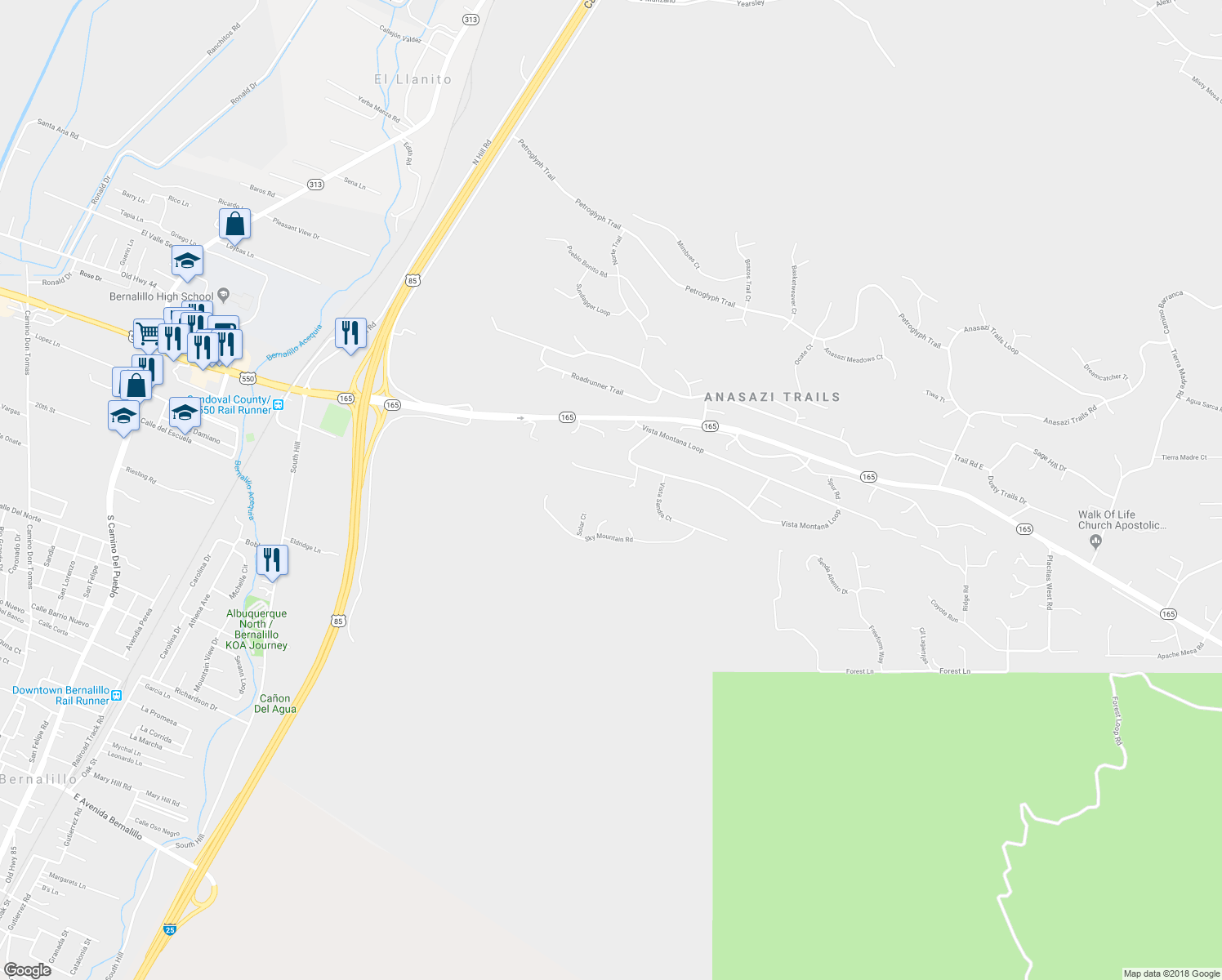 map of restaurants, bars, coffee shops, grocery stores, and more near 7 Vista Del Sol in Placitas