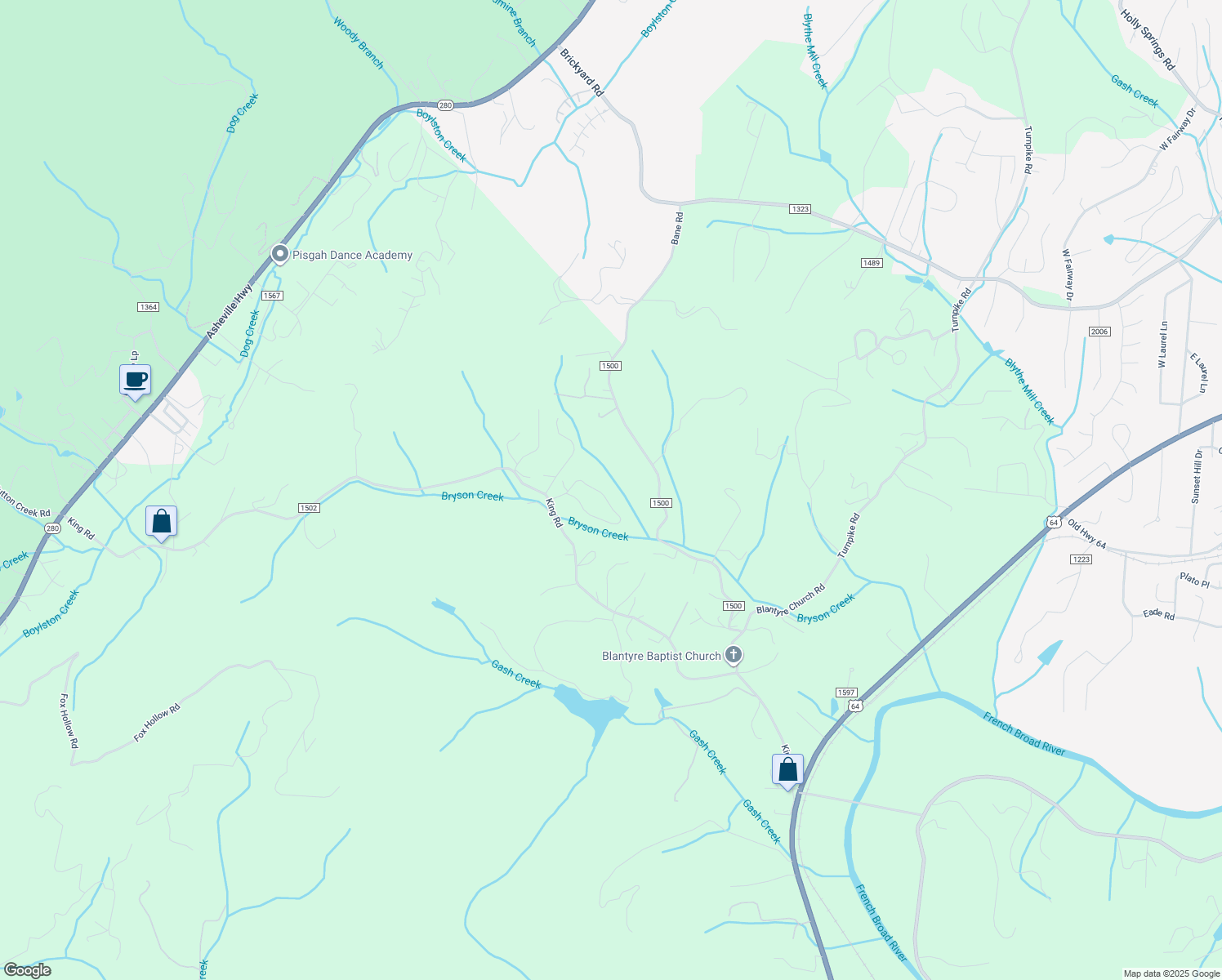 map of restaurants, bars, coffee shops, grocery stores, and more near 1-35 King Circle in Pisgah Forest