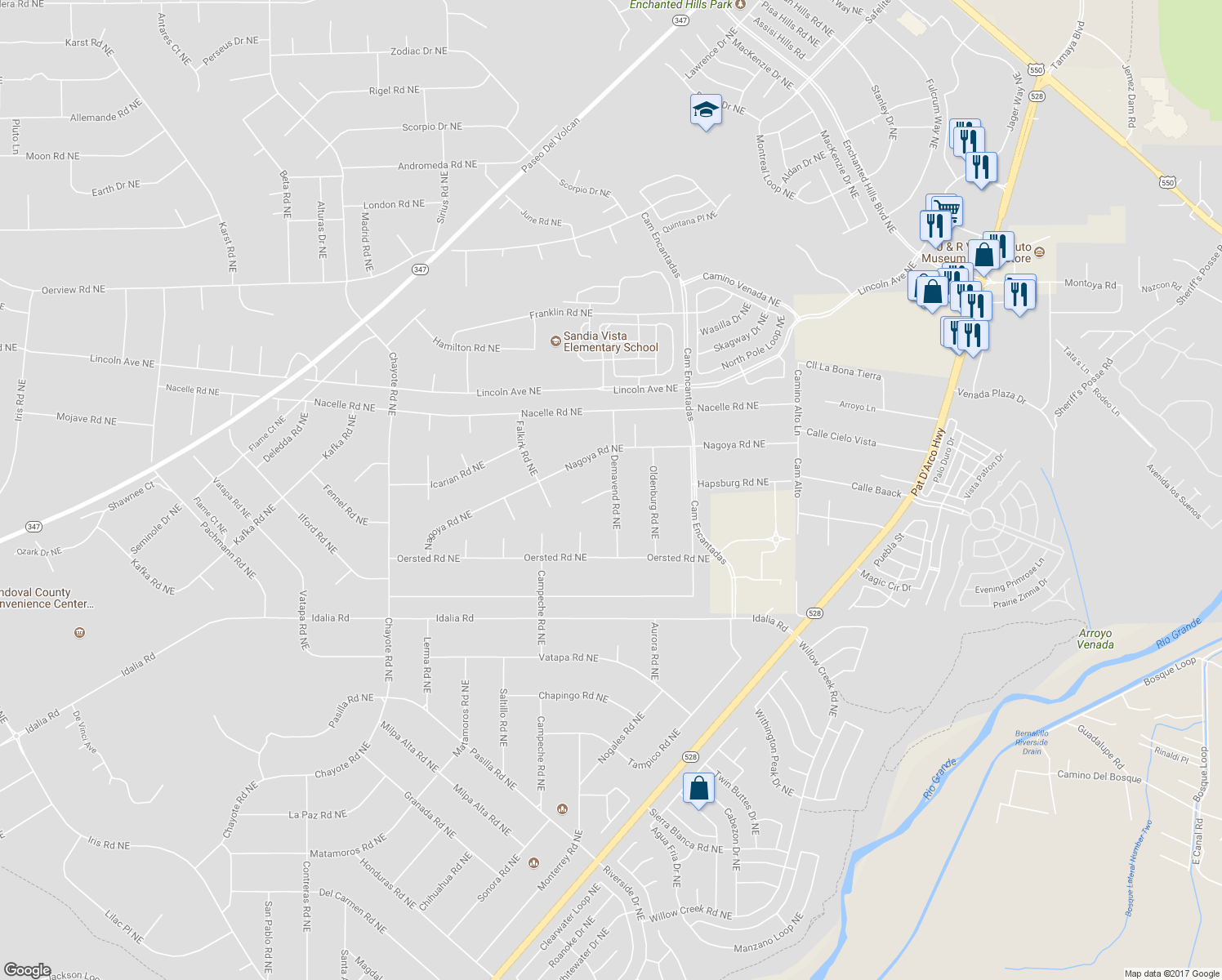 map of restaurants, bars, coffee shops, grocery stores, and more near 6801 Japura Court Northeast in Rio Rancho
