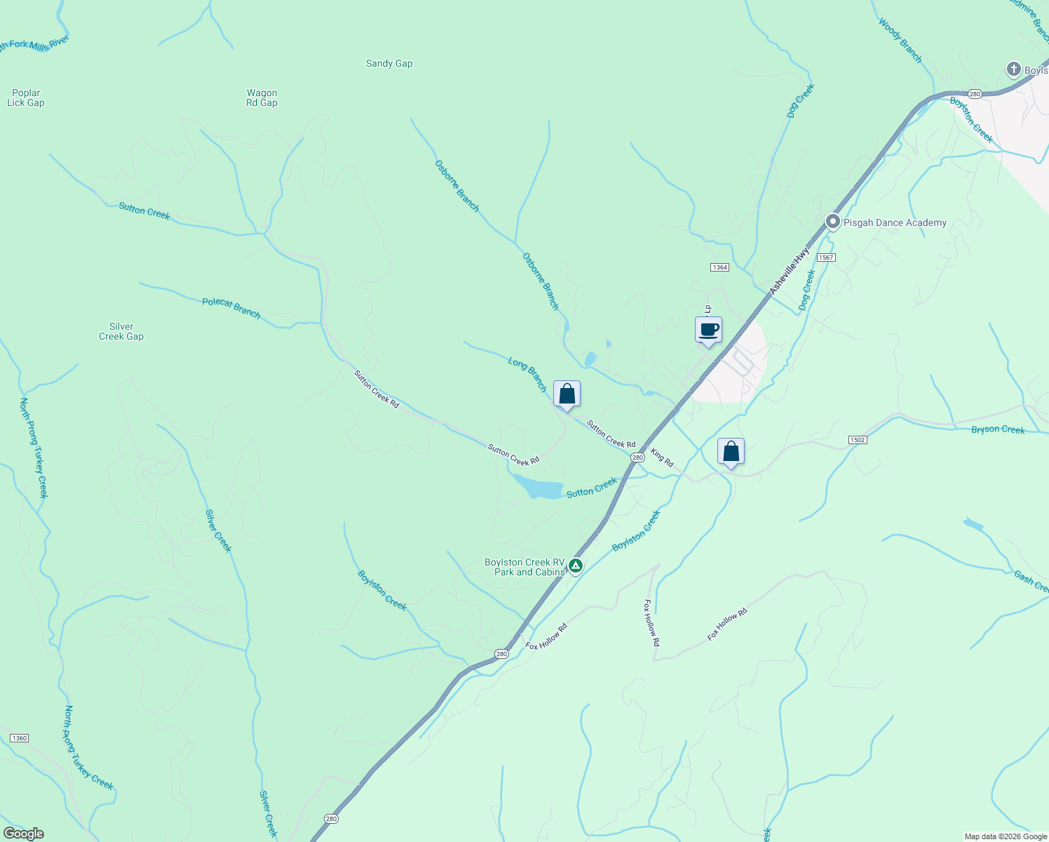 map of restaurants, bars, coffee shops, grocery stores, and more near 134 Sunrise Lane in Pisgah Forest