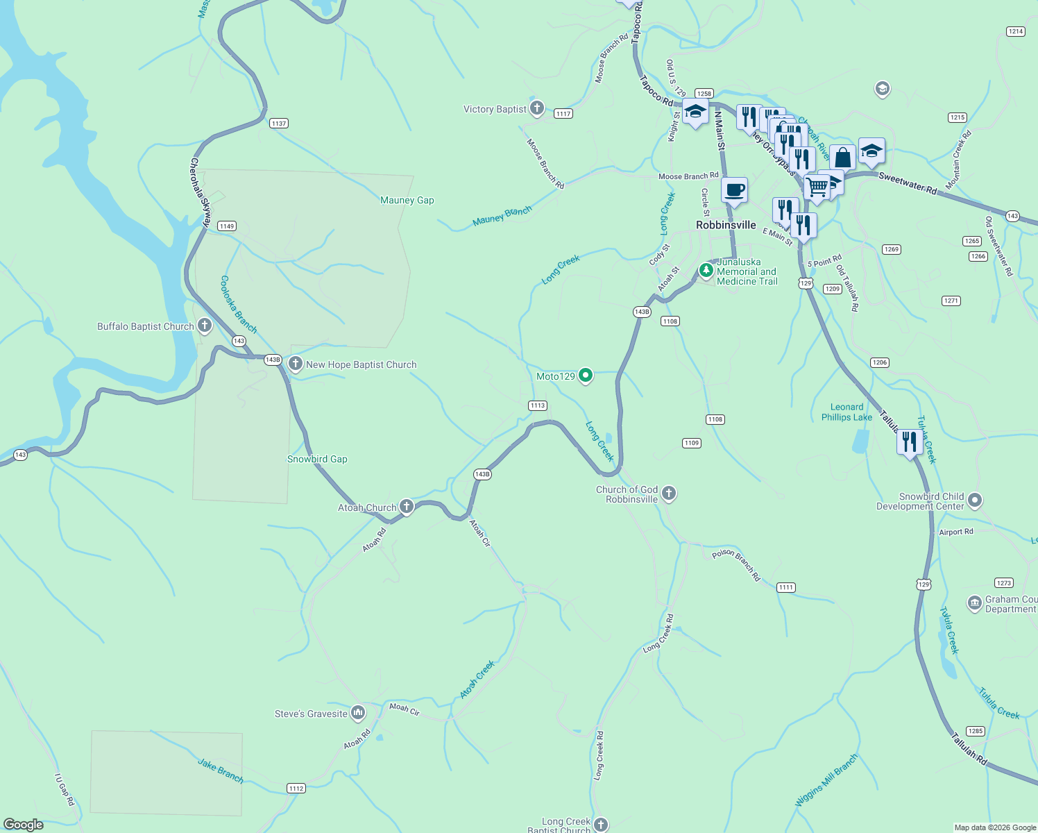 map of restaurants, bars, coffee shops, grocery stores, and more near 1037 Snowbird Road in Robbinsville