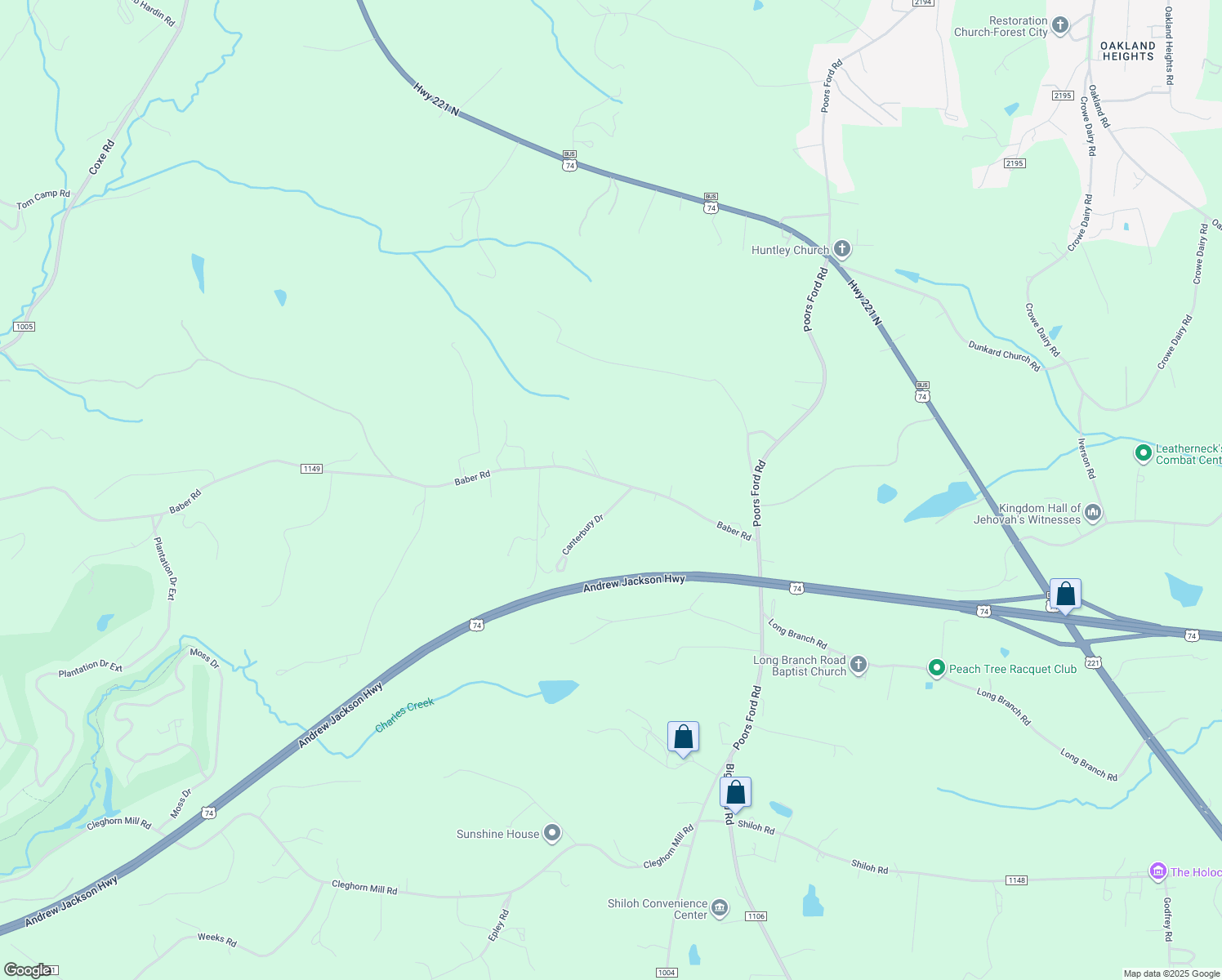 map of restaurants, bars, coffee shops, grocery stores, and more near 341 Baber Road in Rutherfordton