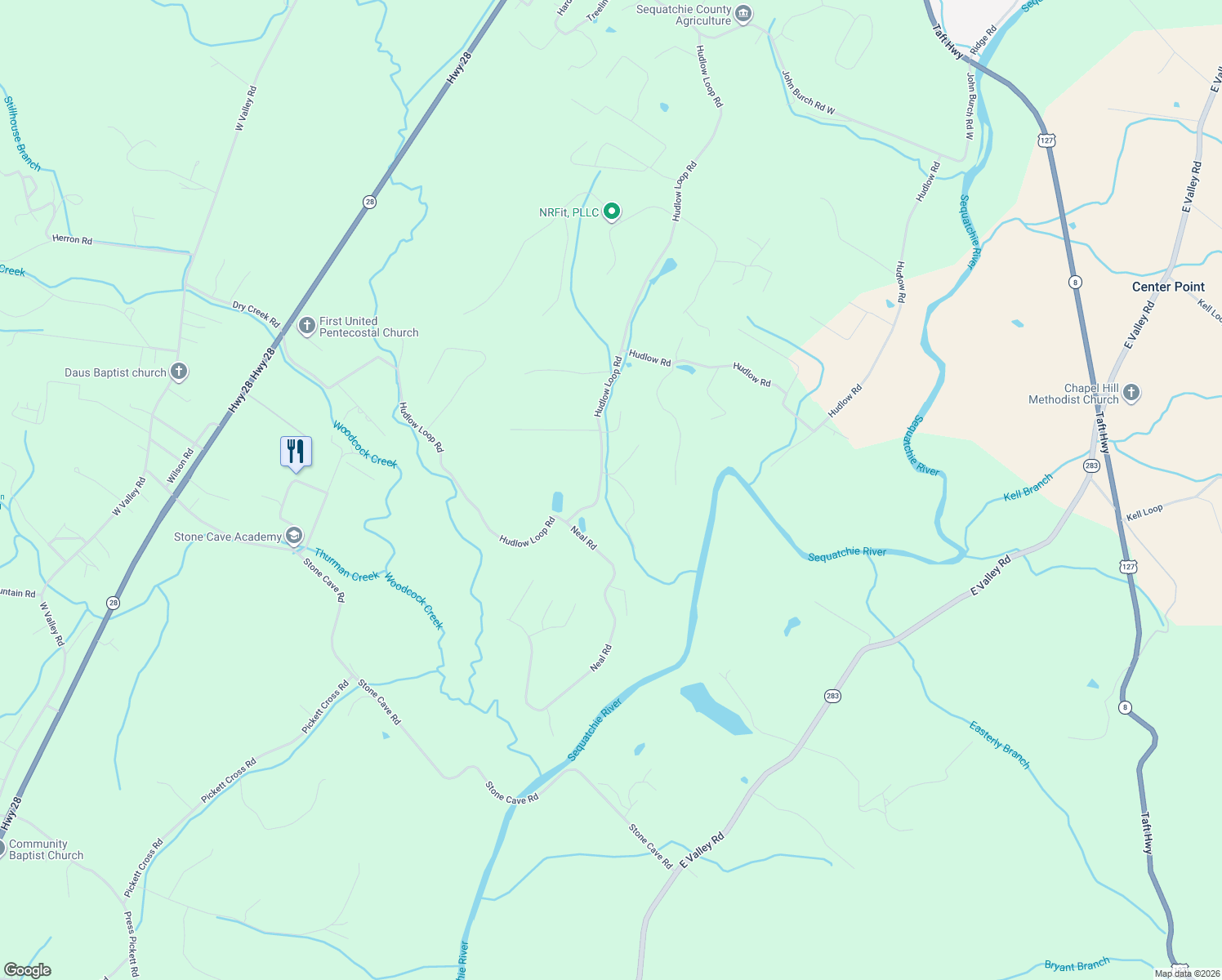 map of restaurants, bars, coffee shops, grocery stores, and more near 88 Farmington Creek Rd in Dunlap