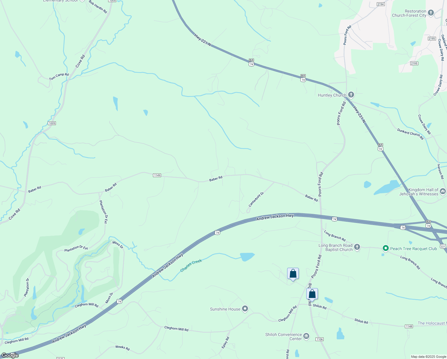 map of restaurants, bars, coffee shops, grocery stores, and more near 541 Baber Road in Rutherfordton