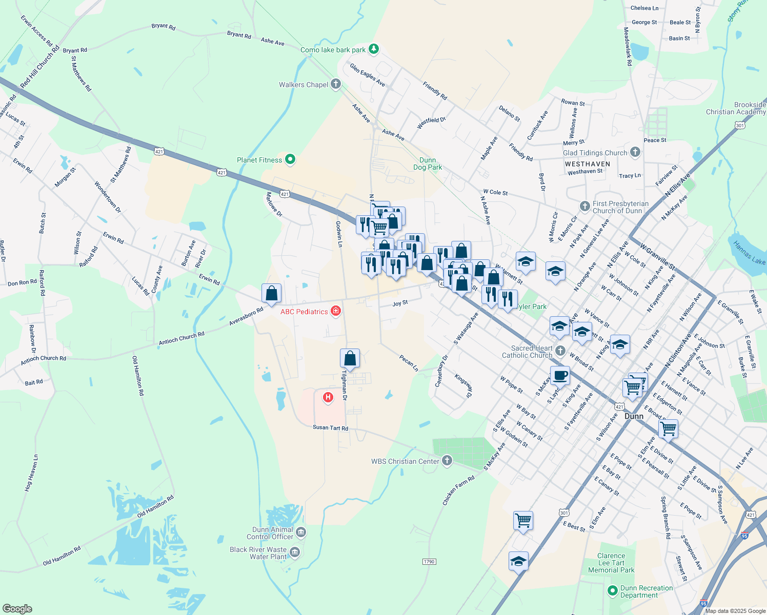 map of restaurants, bars, coffee shops, grocery stores, and more near 131 Joy Street in Dunn