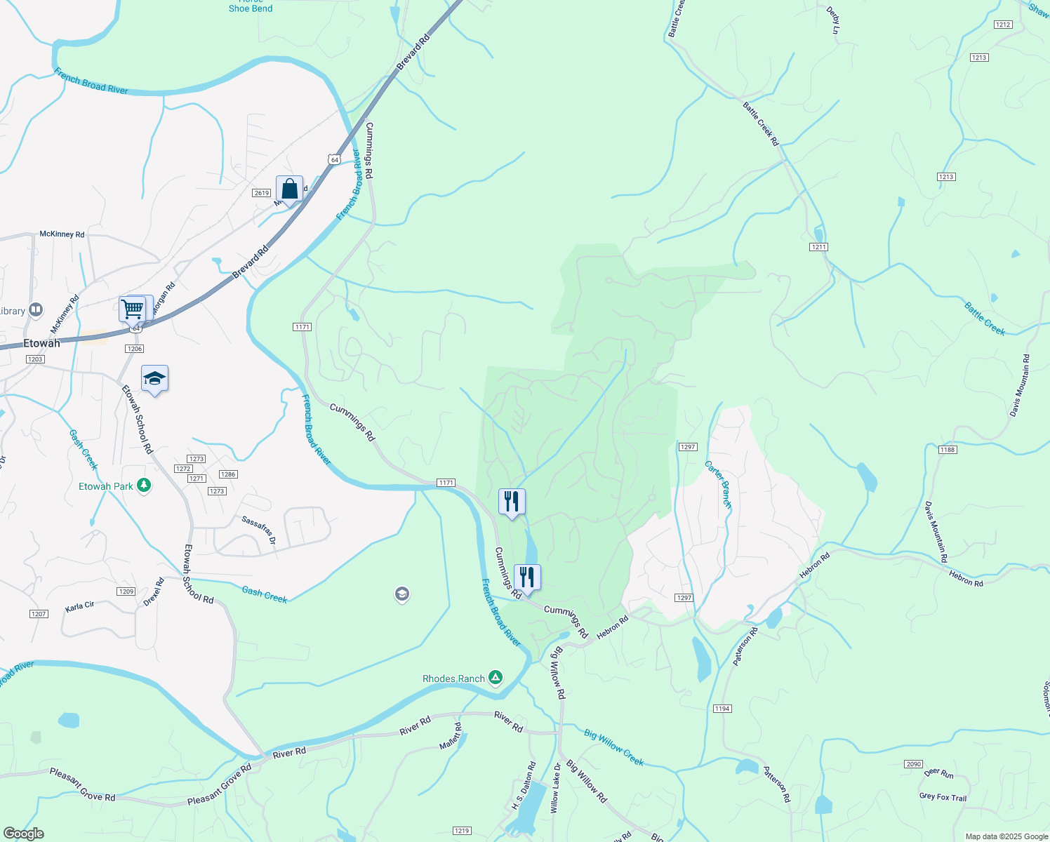 map of restaurants, bars, coffee shops, grocery stores, and more near 157 Laurel Ridge Place in Hendersonville