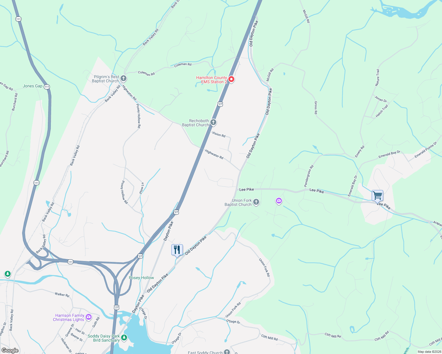 map of restaurants, bars, coffee shops, grocery stores, and more near 12503 Old Dayton Pike in Soddy-Daisy