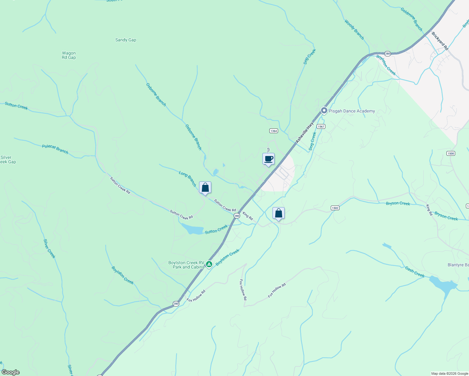 map of restaurants, bars, coffee shops, grocery stores, and more near 143 Holland Road in Pisgah Forest