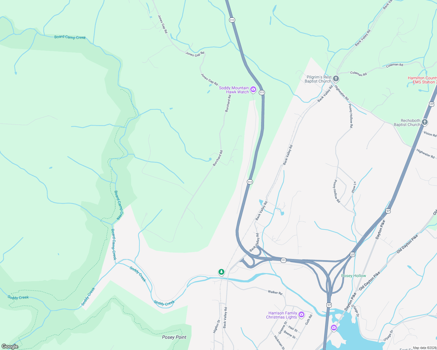 map of restaurants, bars, coffee shops, grocery stores, and more near 12040 Burchard Road in Soddy-Daisy