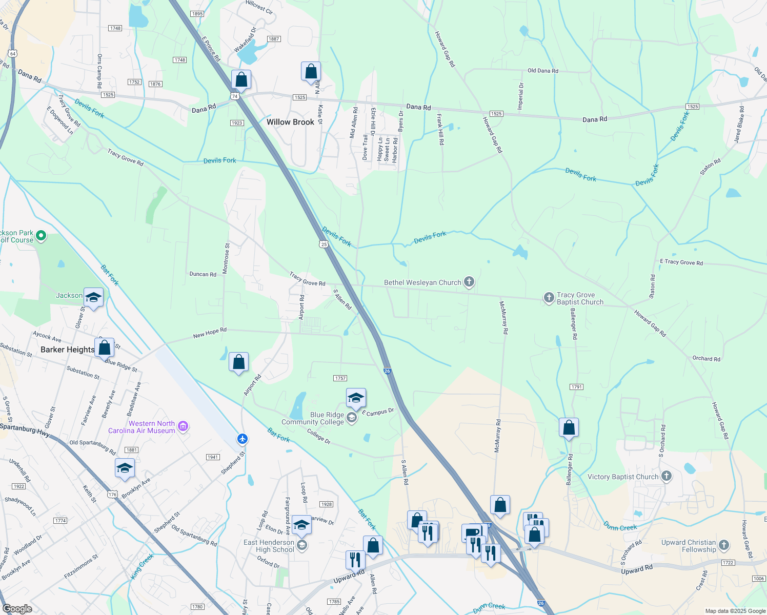 map of restaurants, bars, coffee shops, grocery stores, and more near 19 Justus Acres Ln in Flat Rock