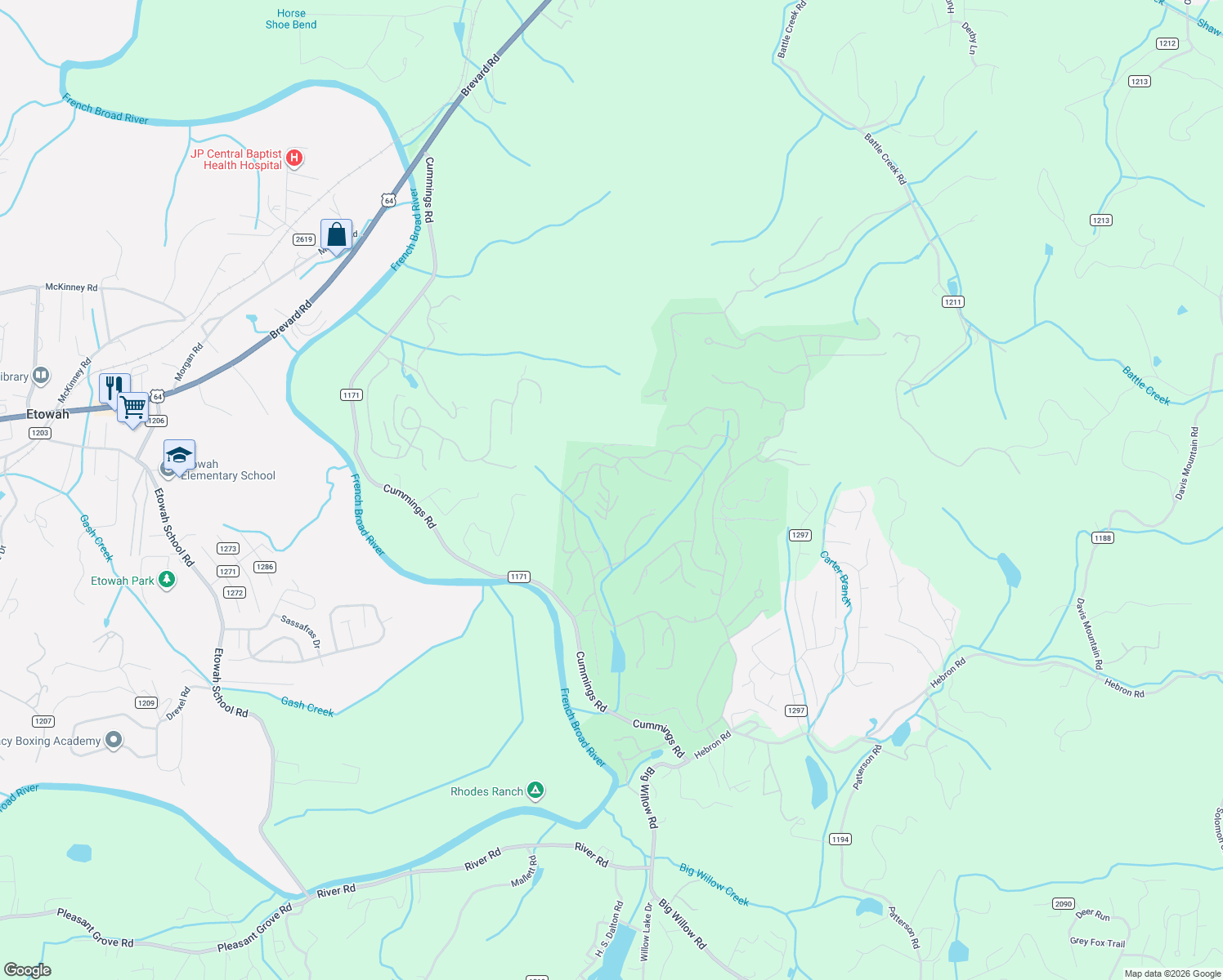 map of restaurants, bars, coffee shops, grocery stores, and more near 83 Laurel Ridge Place in Hendersonville