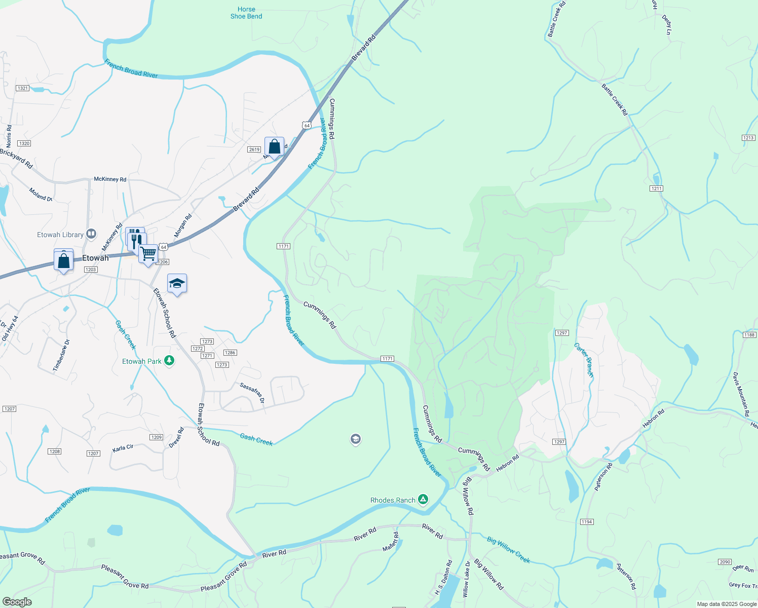 map of restaurants, bars, coffee shops, grocery stores, and more near 2109 Deep Woods Drive in Hendersonville