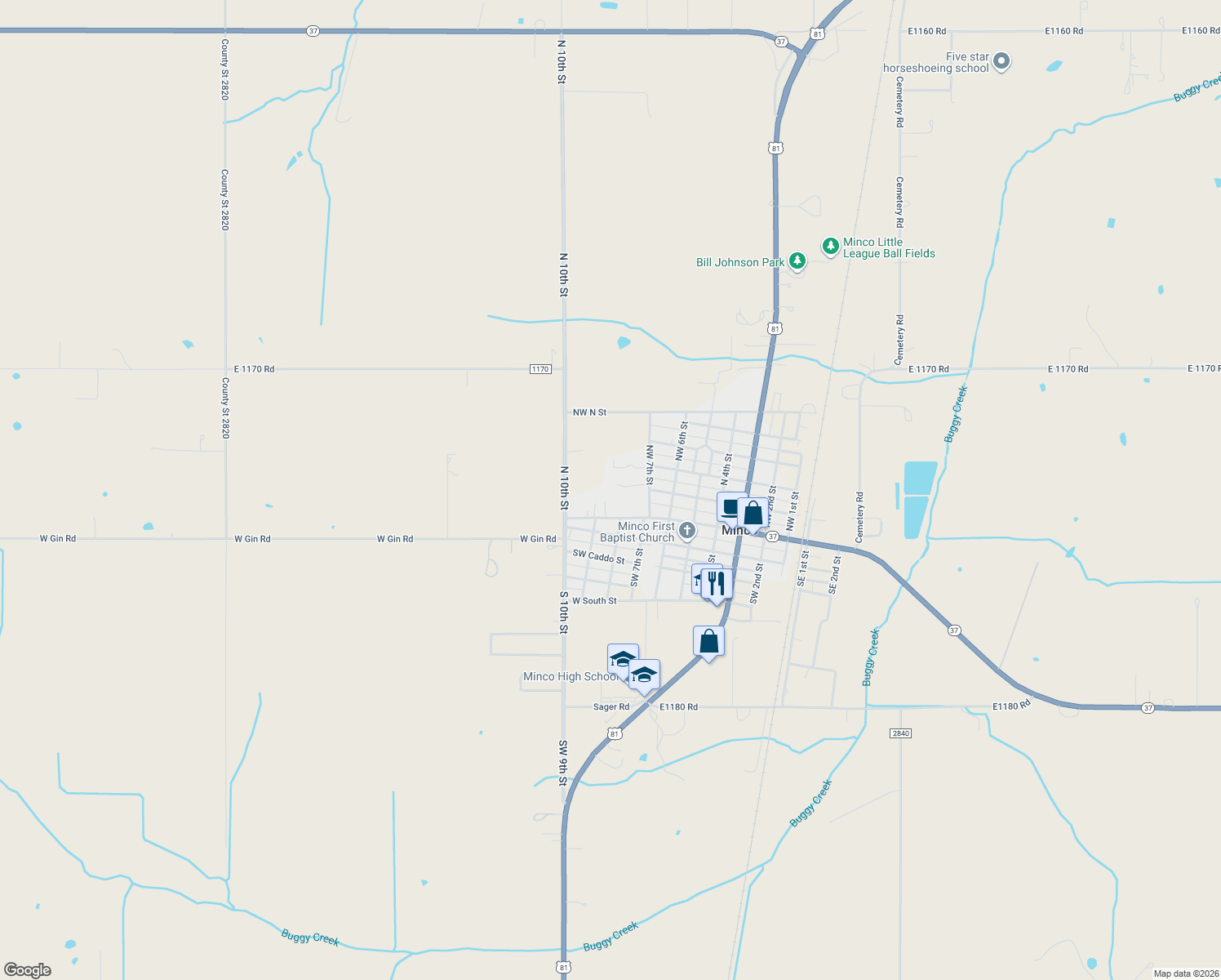 map of restaurants, bars, coffee shops, grocery stores, and more near 719 NW Belle St in Minco