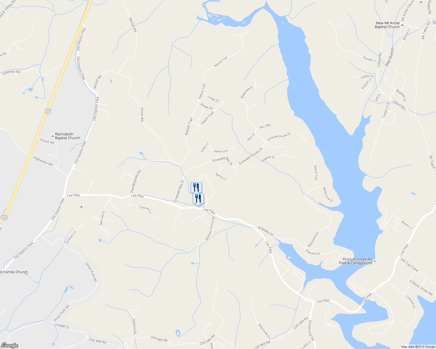 map of restaurants, bars, coffee shops, grocery stores, and more near 1298 Spitzy Lane in Soddy-Daisy